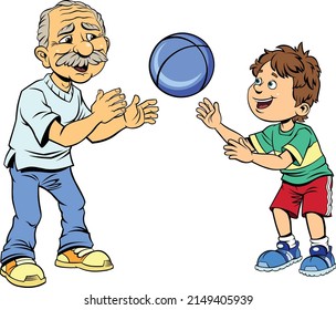 Grandfather and grandson playing ball. 
Color vector illustration of Cheerful grandfather and cute grandson playing ball together.