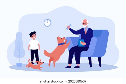 Grandfather and grandson playing with dogs in living room. Flat vector illustration. Boy, puppy, grandpa sitting in armchair, feeding dog. Family, pet, training, childhood concept for banner design