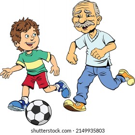 Grandfather with grandson playing football.
Color vector illustration of Cheerful Grandfather and his grandson playing football.
