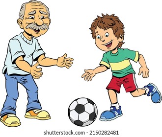 Grandfather With Grandson Playing Soccer.
Color Vector Illustration Of Cheerful Grandfather Is Getting Ready To Catch The Ball. Grandson Hitting The Soccer Ball. 