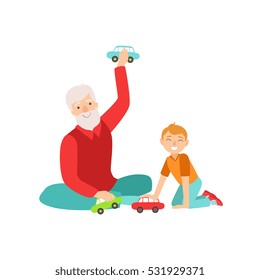 Grandfather And Grandson Playing Toy Cars. Part Of Grandparent And Grandchild Passing Time Together Set Of Illustrations