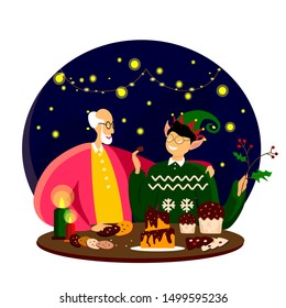 Grandfather and grandson preparing Xmas bake goods in their home on Christmas Eve, hugging each other, having fun and licking chocolate cream. Family cosy atmosphere picture greeting card. Flat vector