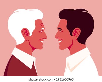 Grandfather And Grandson In Profile. The Faces Of A Young And Elderly Man. Side View. Latinos. Vector Flat Illustration