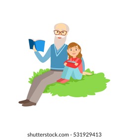 Grandfather And Grandson Reading Book, Part Of Grandparent And Grandchild Passing Time Together Set Of Illustrations