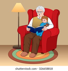 Grandfather with grandson reading a book, vecctor illustration