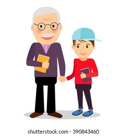 Grandfather and grandson reading books. Grandfather and his grandson standing and holding hands. Happy family time together vector illustration