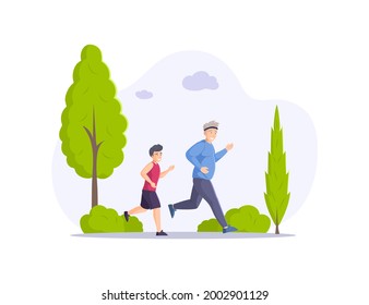 Grandfather and grandson running together at summer forest park. Family enjoying sports outdoor activity and healthy lifestyle. Elderly man and boy spending time practicing morning jogging flat vector