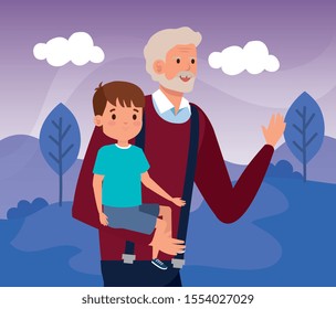 grandfather with grandson in scene landscape vector illustration design