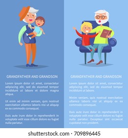 Grandfather and grandson set of posters with senior man reading book to grandson sitting together in armchair and mature dad holds boy on hands vector