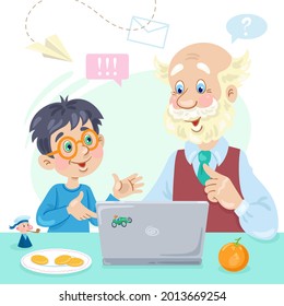 Grandfather and grandson are sitting at the table with a laptop. In cartoon style. Isolated on white background. Vector flat illustration.