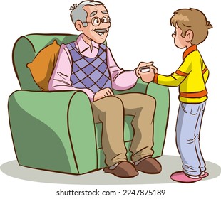 grandfather and grandson talking cartoon vector illustration