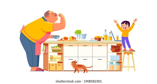 Grandfather and grandson together in kitchen. Your grandpa will prepare the perfect meal for you. Senior funny elder man happy in kitchen. People activity in family. Cartoon vector illustration.