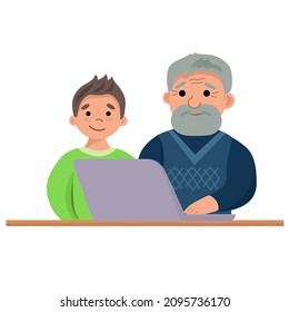 Grandfather and grandson use a laptop. Vector illustration in cartoon style on a white background.