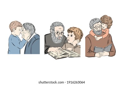 Grandfather and grandson. Vector figures of relatives. Grandfather reads fairy tale to his grandson
