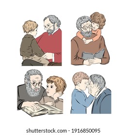 Grandfather and grandson. Vector figures of relatives. Grandfather reads fairy tale to his grandson