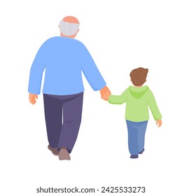 Grandfather and grandson walk holding hands. Back view. Vector isolated color illustration in flat style.	