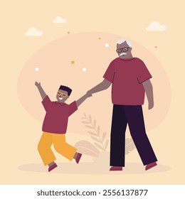 Grandfather and grandson walk holding hands. Grandparents and grandchildren spending time together, weekend. Happy grandparent with their grandson taking walk in park. flat vector illustration