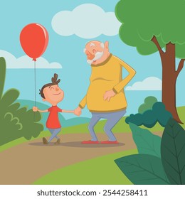 Grandfather and grandson walk through the park holding hands. The boy is holding a red balloon. They both smile and look happy.