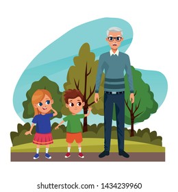 Grandfather with grandsons kids playing in the park cartoons vector illustration