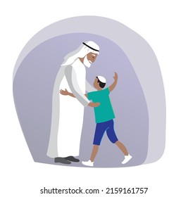 grandfather greets and hugs his grandson.