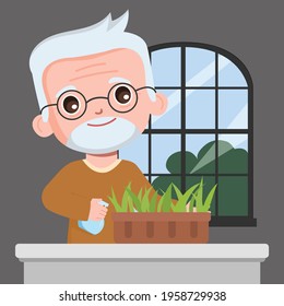 Grandfather growing tree at home cartoon vector