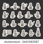 Grandfather guide character set with hands, books, signs, boards, devices, emotions, communication, presentation, teaching, reading, message, symbols, approval, music, and expressive human poses