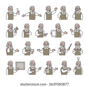 Grandfather guide character set with hands, books, signs, boards, devices, emotions, communication, presentation, teaching, reading, message, symbols, approval, music, and expressive human poses