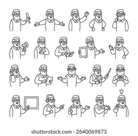 Grandfather guide character set with hands, books, signs, boards, devices, emotions, communication, presentation, teaching, reading, message, symbols, approval, music, and expressive human poses