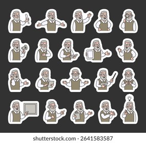 Grandfather guide character set with hands, books, signs, boards, devices, emotions, communication, presentation, teaching, reading, message, symbols, approval, music, and expressive human poses