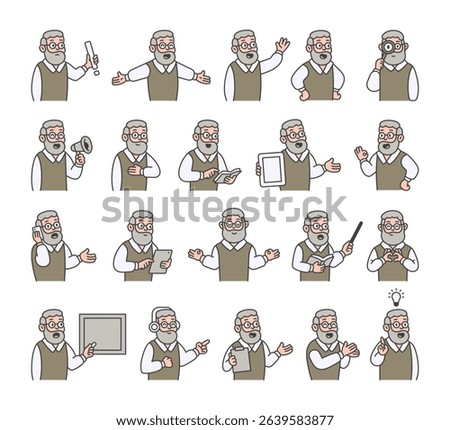 Grandfather guide character set with hands, books, signs, boards, devices, emotions, communication, presentation, teaching, reading, message, symbols, approval, music, and expressive human poses