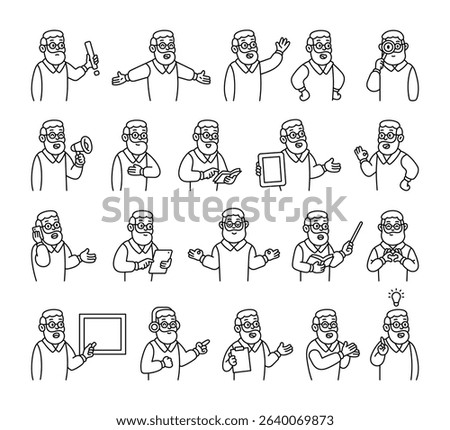 Grandfather guide character set with hands, books, signs, boards, devices, emotions, communication, presentation, teaching, reading, message, symbols, approval, music, and expressive human poses