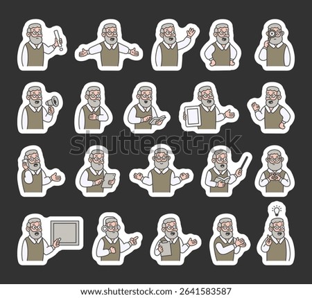 Grandfather guide character set with hands, books, signs, boards, devices, emotions, communication, presentation, teaching, reading, message, symbols, approval, music, and expressive human poses
