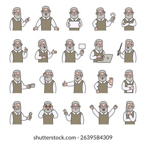 Grandfather guide character set with human features demonstrate communication, direction, teaching, thinking, celebration