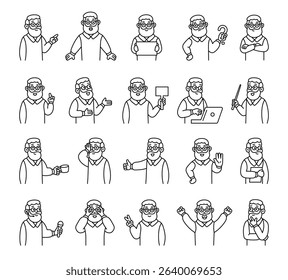 Grandfather guide character set with human features demonstrate communication, direction, teaching, thinking, celebration, and various emotional reactions for yours illustration