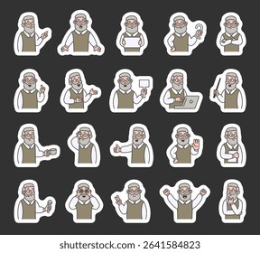 Grandfather guide character set with human features demonstrate communication, direction, teaching, thinking, celebration, and various emotional reactions for yours illustration