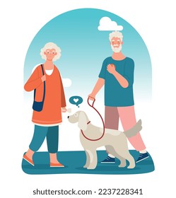 Abuelo con perro feliz. Familia caminando con mascotas, estilo de vida activo y rutina, tareas domésticas. Amor y cuidado de los animales. Jubilados en la ciudad o en el parque de la ciudad. Dibujo vectorial plano de dibujos animados