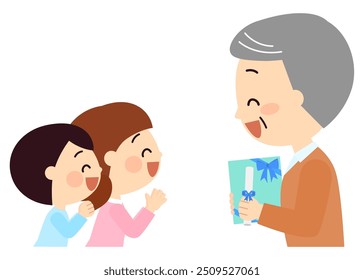 Grandfather happy to receive gifts from children
