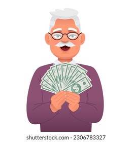 Grandfather is happy to win the lottery. Handsome old gray-haired man with money in his hands. Elderly man holds dollar bills in his hands. Happy businessman. Vector illustration on a white background