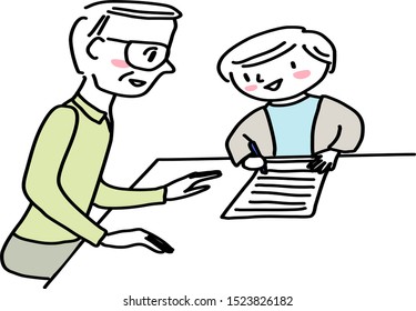 Grandfather helping grandchild with homework. Grandfather motivating his little grandson to do homework. Grandpa homeschooling his cheerful kid. Senior male tutor teaching little boy to do homework.