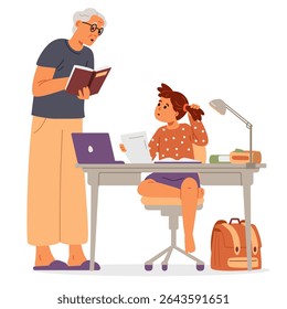 Avô ajudando com o dever de casa para neta em casa ilustração vetor plana isolado no branco. Menina da escola primária estudando em casa sentada à escrivaninha.