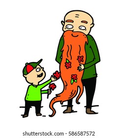 Grandfather with his beloved grandson spend time together, walking outdoors in a good warm weather. Active sweet cute boy decorates his beard with flowers as he smiles happily and kindly