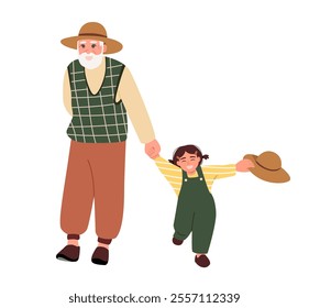 Grandfather with his grandchild walking. He takes them by the hand. 