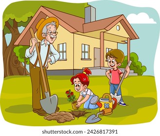 Grandfather and his grandchildren are planting trees in the park. Vector Flat style illustration