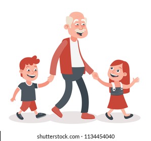 Grandfather with his grandchildren walking, he takes them by the hand. One boy and one girl. Cartoon style, isolated on white background. Vector illustration.