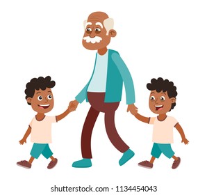Grandfather with his grandchildren walking. Two boys, twins. He takes them by the hand. Cartoon style, isolated on white background. Vector illustration.