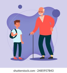 Grandfather with his grandson flat vector illustration. Schoolboy with backpack and senior man with cane. Family, generation concept