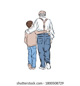 Grandfather with his grandson. Hand painting people. Friendly family. Hand drawn illustration for children's books.