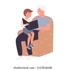 Grandfather with his grandson reading book in cozy armchair. Family education and development moment cartoon vector illustration
