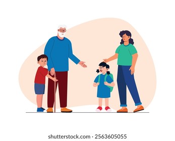 A grandfather is with his grandson who is hugging his legs, in front of them is his daughter-in-law and younger sister.
design, vector, illustration