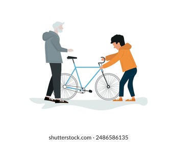 A grandfather and his grandson are working on a bicycle. The grandfather helps the boy fix the bicycle.